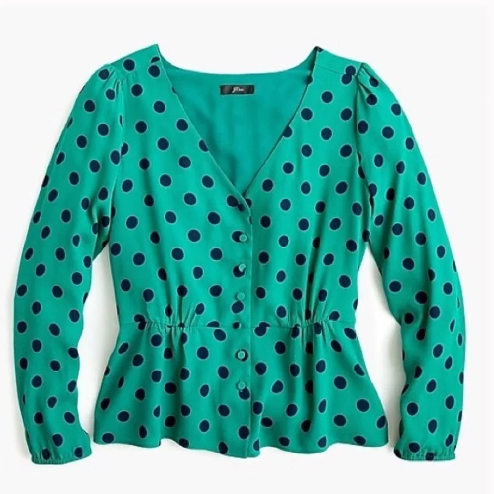 J. Crew Green & Blue Polka Dot Long Sleeves Blouse